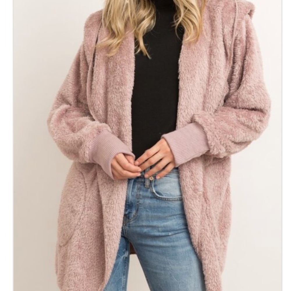 Rose - Light Pink Faux Fur Cardigan Jacket hoodie - Picture 3 of 6